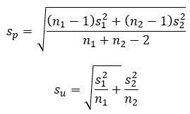 Formulas for both the pooled and unpooled standard deviations.